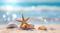 Seashells scattered along the seashore, creating a tranquil beach holiday background. Ai Generated Royalty Free Stock Photo