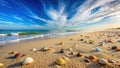 Seashells scattered on a pristine beach, gentle waves lapping the shore under a vibrant, cloud-filled sky. Generative AI Royalty Free Stock Photo