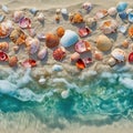Seashells scattered on the sand and crystal - clear waves lapping at the shore. AI Generated Royalty Free Stock Photo