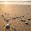 Seashells scattered on a sandy beach illuminated by the warm glow of sunset. The shells vary in Royalty Free Stock Photo