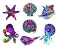 Seashells, sea star, octopus and nautilus collection isolated illustration, hand painted abstract watercolor splashes