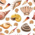 Seashells and sealife, ocean and sea dwellers seamless pattern