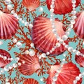 Seashells seamless pattern. marine watercolor background. sea underwater life.