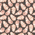 Seashells seamless pattern. Watercolor illustration. Isolated on a gray-brown background. Royalty Free Stock Photo