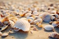 Seashells shells laying on white sand sea beach tropical sanded seashore sandy seacoast backdrop beauty calm tranquil