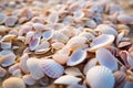 Seashells shells laying on white sand sea beach tropical sanded seashore sandy seacoast backdrop beauty calm tranquil Royalty Free Stock Photo