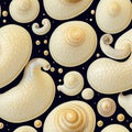 Seashells, shells, seamless pattern with off white shells on black. AI generative illustration, pattern generated by AI