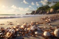 Seashells shine on a beach, creating an exotic tropical vacation scenery Royalty Free Stock Photo