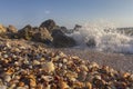 Seashells on the shore rocks waves rolling