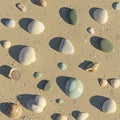 Seashells and smooth stones scattered on sandy ground. The shells are diverse, Royalty Free Stock Photo