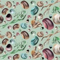 Seashells and snags on a green background