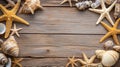 Seashells and Starfish Arranged on Wood, Beach Memories Royalty Free Stock Photo