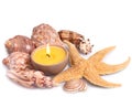 Seashells, starfish and candle Royalty Free Stock Photo