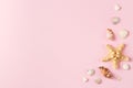 Seashells and starfish on a pale pink background. Summer time concept. Top view Royalty Free Stock Photo