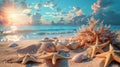 Seashells and Starfish on Sandy Beach at Sunset Royalty Free Stock Photo