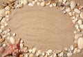 Seashells, starfish and sea pebbles frame on beach sand background. Natural seashore textured sand Royalty Free Stock Photo