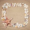 Seashells, starfish and sea pebbles frame on beach sand background. Natural seashore textured sand, copy space Royalty Free Stock Photo