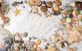 Seashells, starfish and sea pebbles frame, composition of sea stones and seashells, marine composition, composition of seashells, Royalty Free Stock Photo