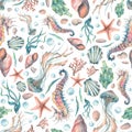 Seashells, starfish, seahorses and jellyfish, corals and bubbles. Watercolor illustration on a white background Royalty Free Stock Photo