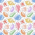 Seashells and starfish seamless pattern on a white background in flat style. Marine summer design for beach decor and ocean theme. Royalty Free Stock Photo