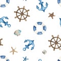 Seashells, starfish, steering wheel, lifebuoy, anchor watercolor seamless nautical pattern