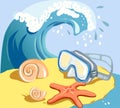 Seashells, starfish, underwater mask on the beach Royalty Free Stock Photo