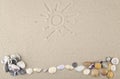 Seashells and stones with a pattern of sand for relaxation as a background Royalty Free Stock Photo