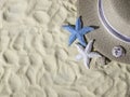 Seashells, a straw hat on the sand with space for text. Beautiful summer beach vacation. Royalty Free Stock Photo