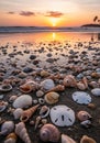 Seashells of various shapes and sizes scatter across a sandy beach at sunset. The Royalty Free Stock Photo