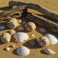Seashells of various sizes and types, including spiraled and scalloped shells, are Royalty Free Stock Photo
