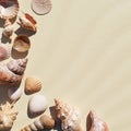 Seashells on the white sand beach background with copy space. Nature and marine concept. 3D illustration rendering Royalty Free Stock Photo