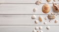 Seashells on white wood, sea vacation background Royalty Free Stock Photo