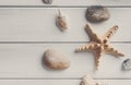 Seashells on white wood, sea vacation background Royalty Free Stock Photo