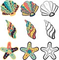 Small pack with marine elements - clams, shells, oysters and starfish. Vector collection with sketches and drawings of seashells