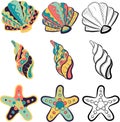 Small pack with marine elements - clams, shells, oysters and starfish. Vector collection with sketches and drawings of seashells Royalty Free Stock Photo