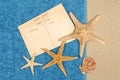 Post card beach background starfish towel copy space Royalty Free Stock Photo