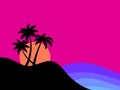 Seashore, black silhouettes of palm trees at sunset. Tropical seashore in minimalist style. Summer time. Design for prints, Royalty Free Stock Photo