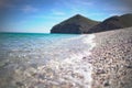 Seashore, coastline, scenic view of people at unspoiled beach in Almeria Royalty Free Stock Photo