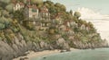 Seashore Hillside In France: Detailed Architectural Drawings And Children\'s Book Illustrations