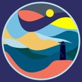 Seashore landscape with lighthouse silhouette and colorful background. Waves and night sky abstract illustration in round shape.