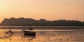 Seashore in the moment of sunset is surrounding by Thailand taxi boats Royalty Free Stock Photo