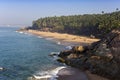 Seashore with stones and palm trees. India. Kerala.
