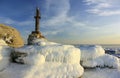 Winter sea scape with old lighthouse. Royalty Free Stock Photo