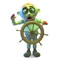 Seasick undead zombie monster is steering his ship to calmer waters, 3d illustration Royalty Free Stock Photo