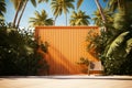 Seaside allure 3D rendering captures orange wooden wall, lush palms, and sandy shore