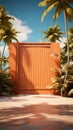 Seaside allure 3D rendering captures orange wooden wall, lush palms, and sandy shore