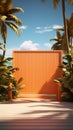 Seaside allure 3D rendering captures orange wooden wall, lush palms, and sandy shore