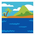 Seaside background. Cartoon beach with mountain and palm trees. Coast landscape. Tropical island life