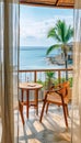 Seaside Balcony View with Curtains..Serene scene overlooking tranquil sea Royalty Free Stock Photo