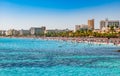Seaside beach at tourist resort Cala Millor on Majorca island, Spain Royalty Free Stock Photo